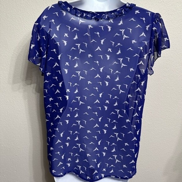 Lily Rose Size XL Sheer Royal Blue Blouse With White Bird Print - Picture 10 of 11